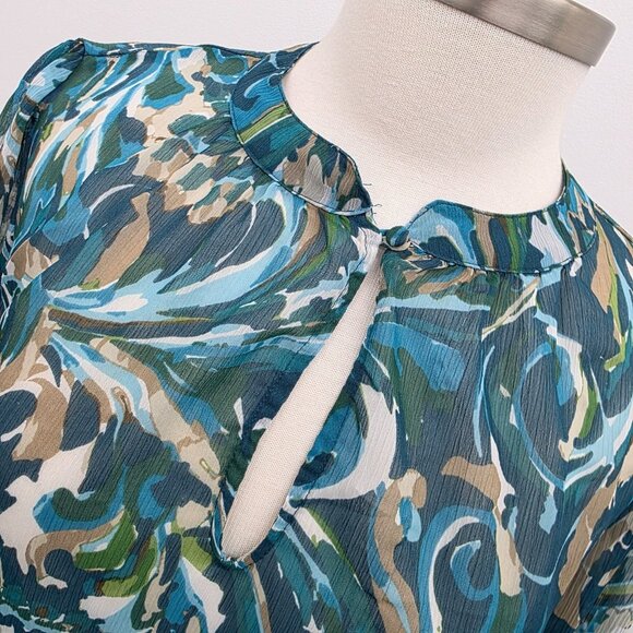 Womens PL Blue Green Sheer Blouse Ruffle Hem Smocked Boho Lightweight Top - Picture 7 of 15